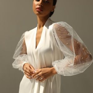 Bridal Robe with Pearl Detail - Long White Satin Silk